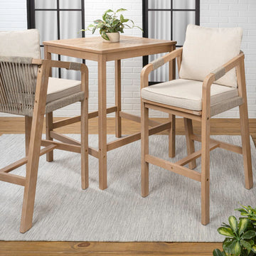 Porto Modern Coastal 3-Piece Acacia Wood Outdoor Square Bar Table Set with Cushions